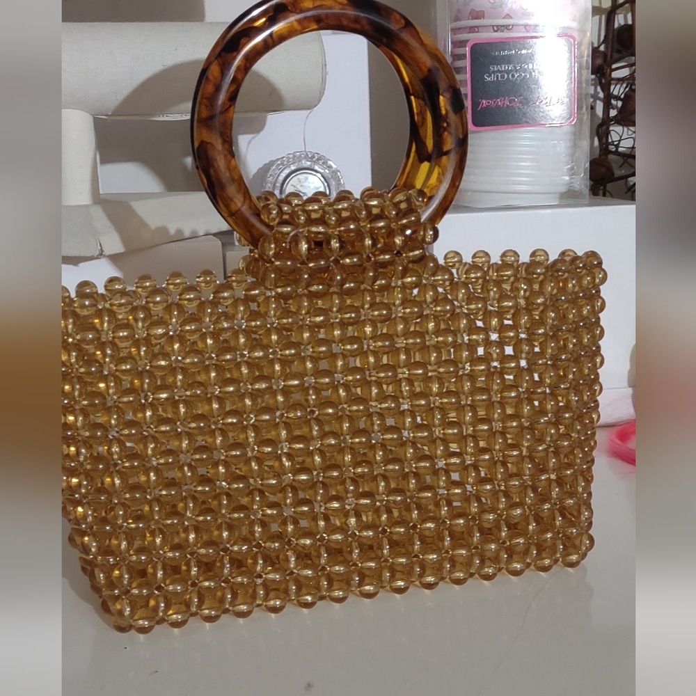 Gorgeous Vintage Golden Amber Handmade Beaded Wristlet Handbag